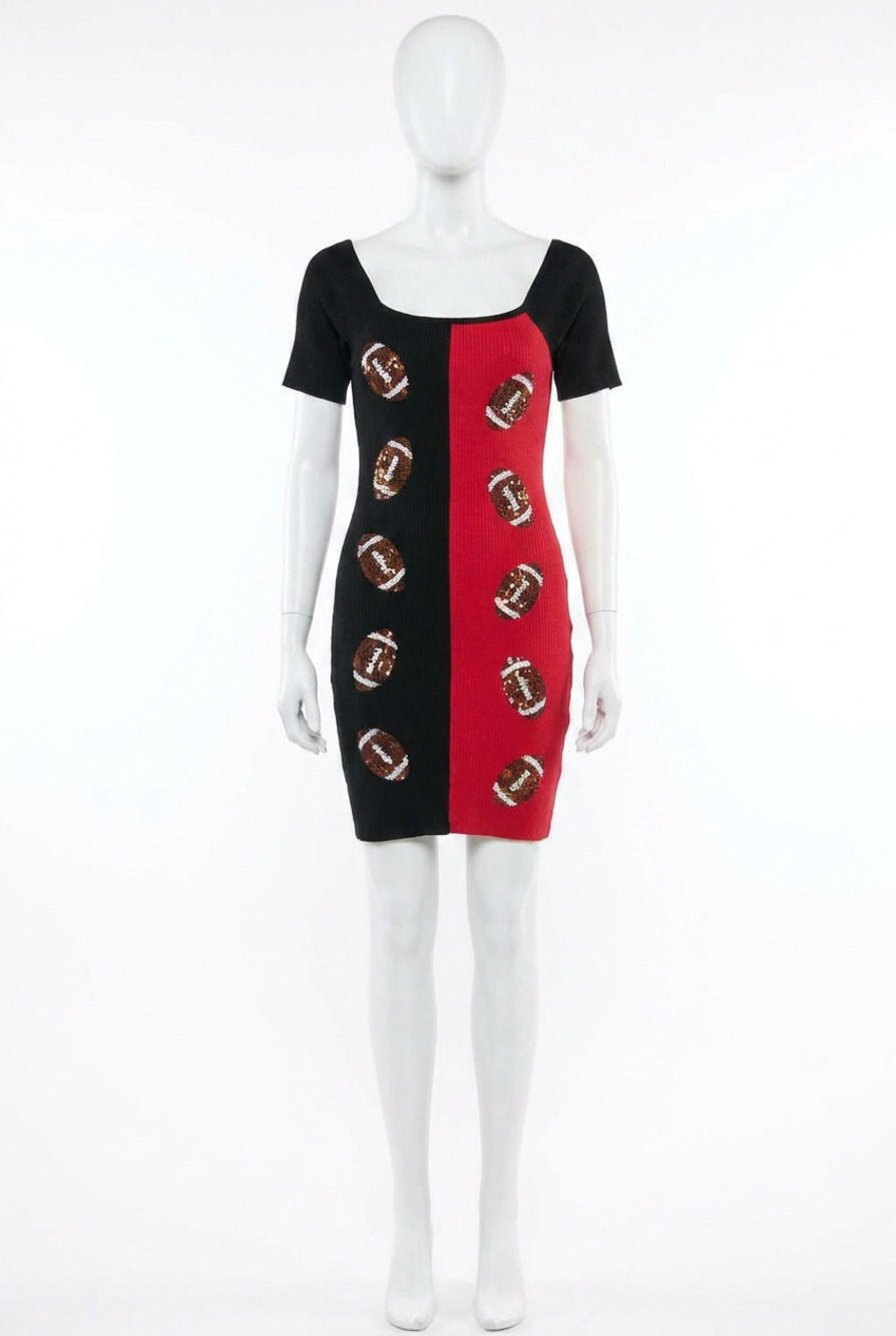 NEW PEACH LOVE megan sequin football gameday dress in red/black